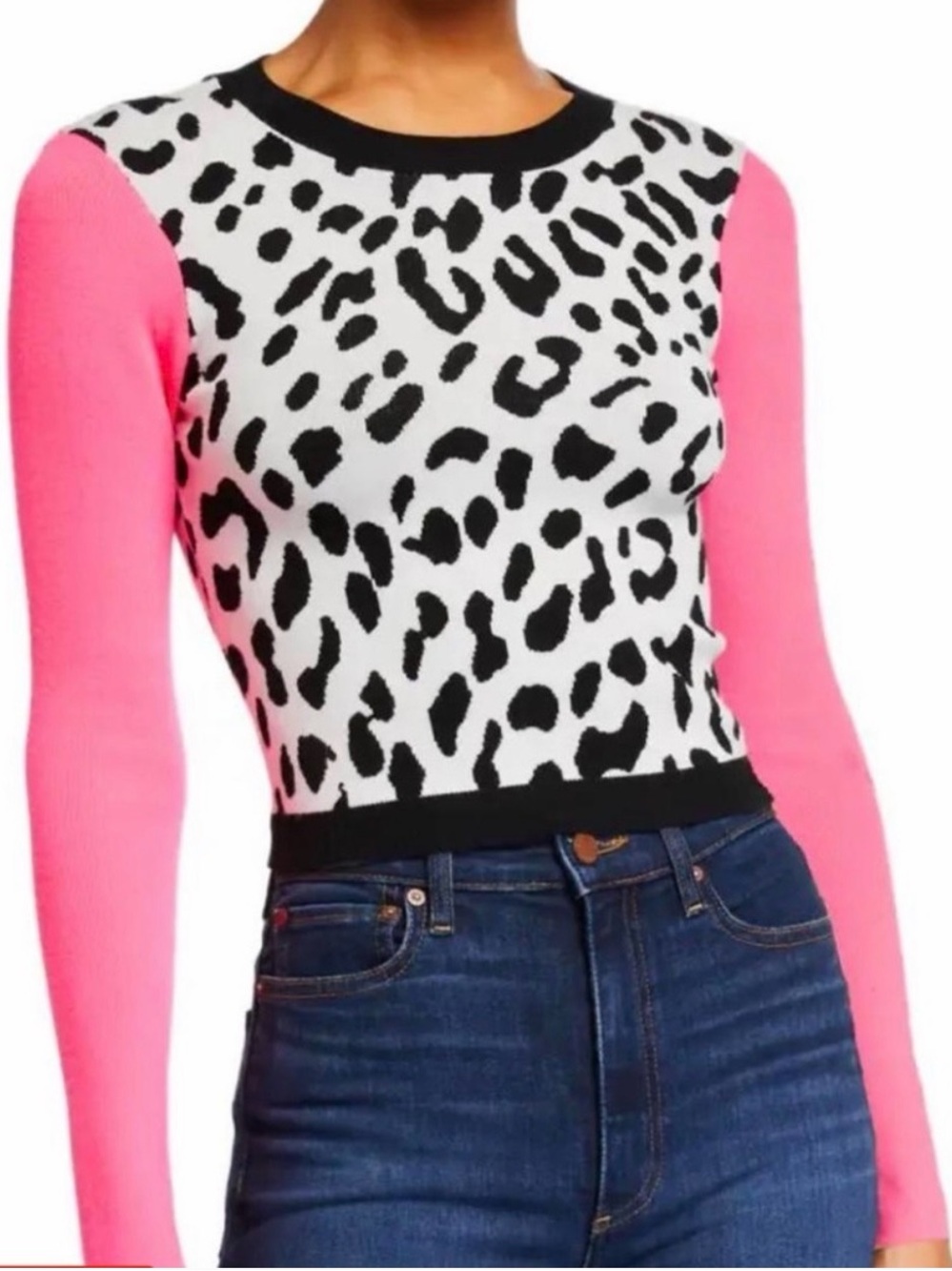 Alice & Olivia Black & White Leopard Print Sweater With Hot Pink Sleeves Size S